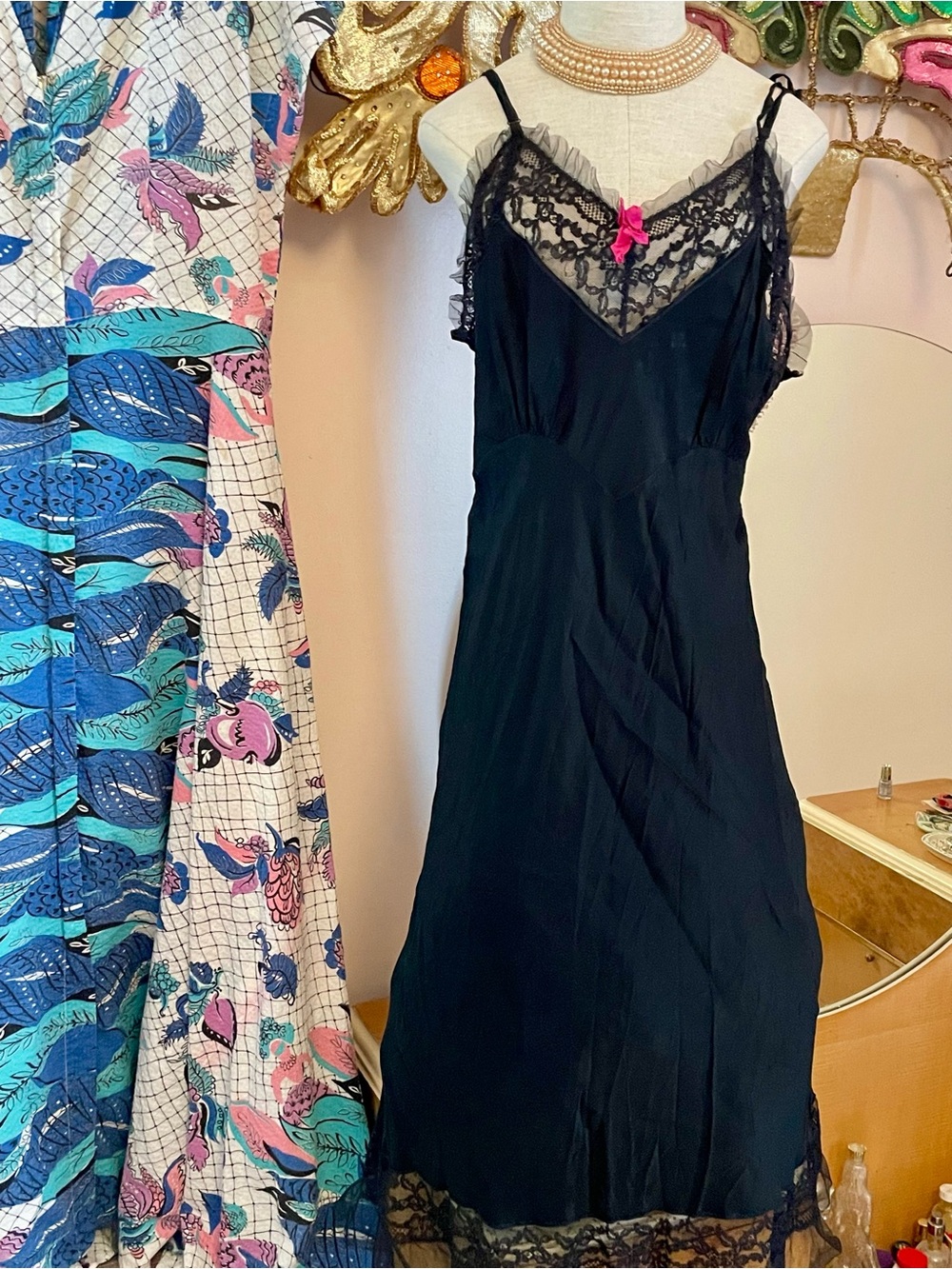 Classic 1930s-40s French Vibes Black Silk Slip Dress with Hot Pink Bow & Ruffles
